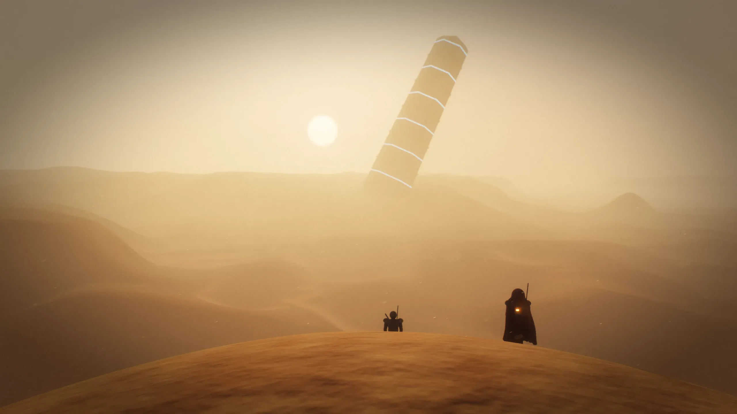 A crew of three on a dune facing a giant tilted spire under a low orange sun