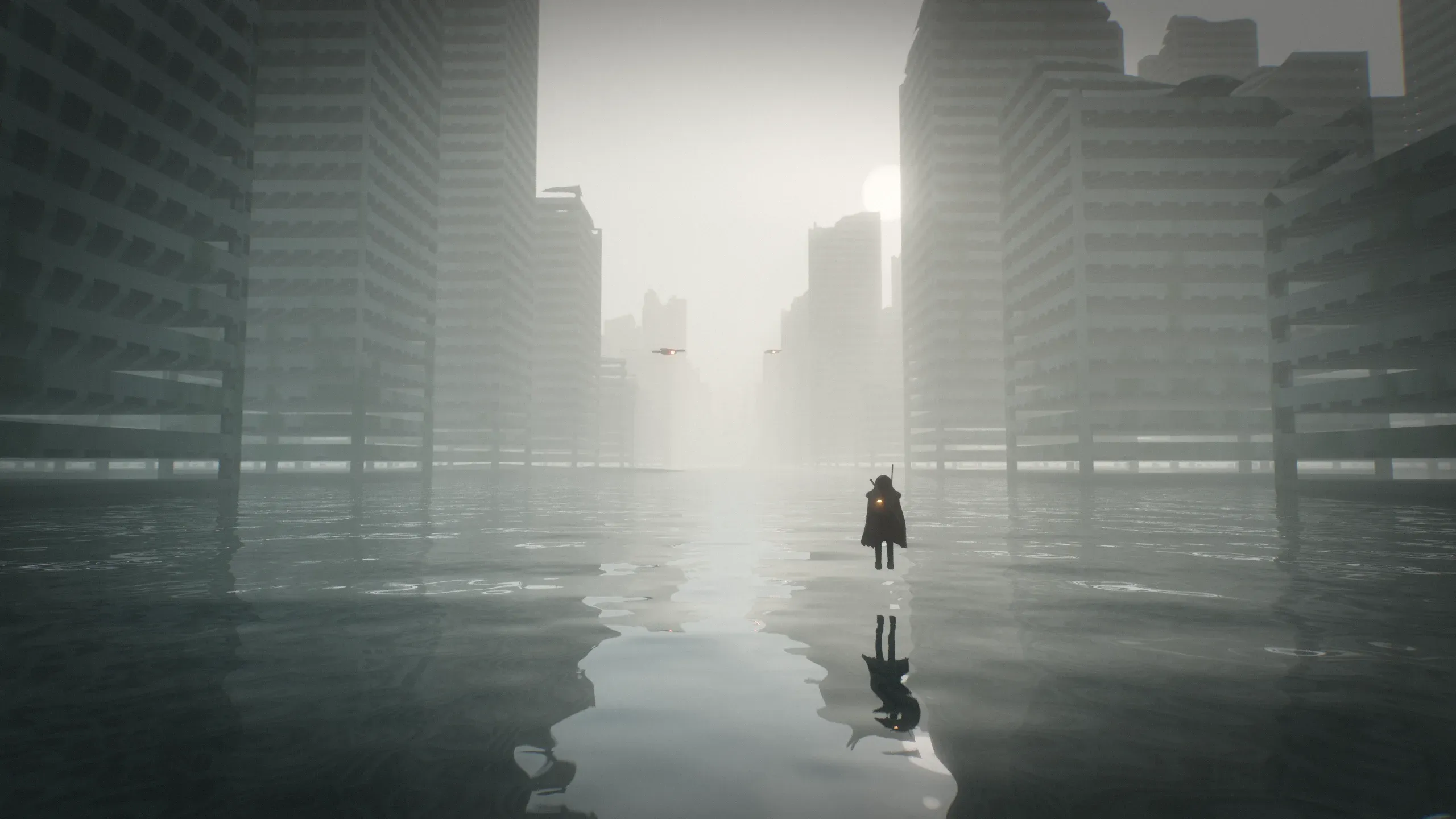 A Rogue stands in shallow water between towers lost in fog