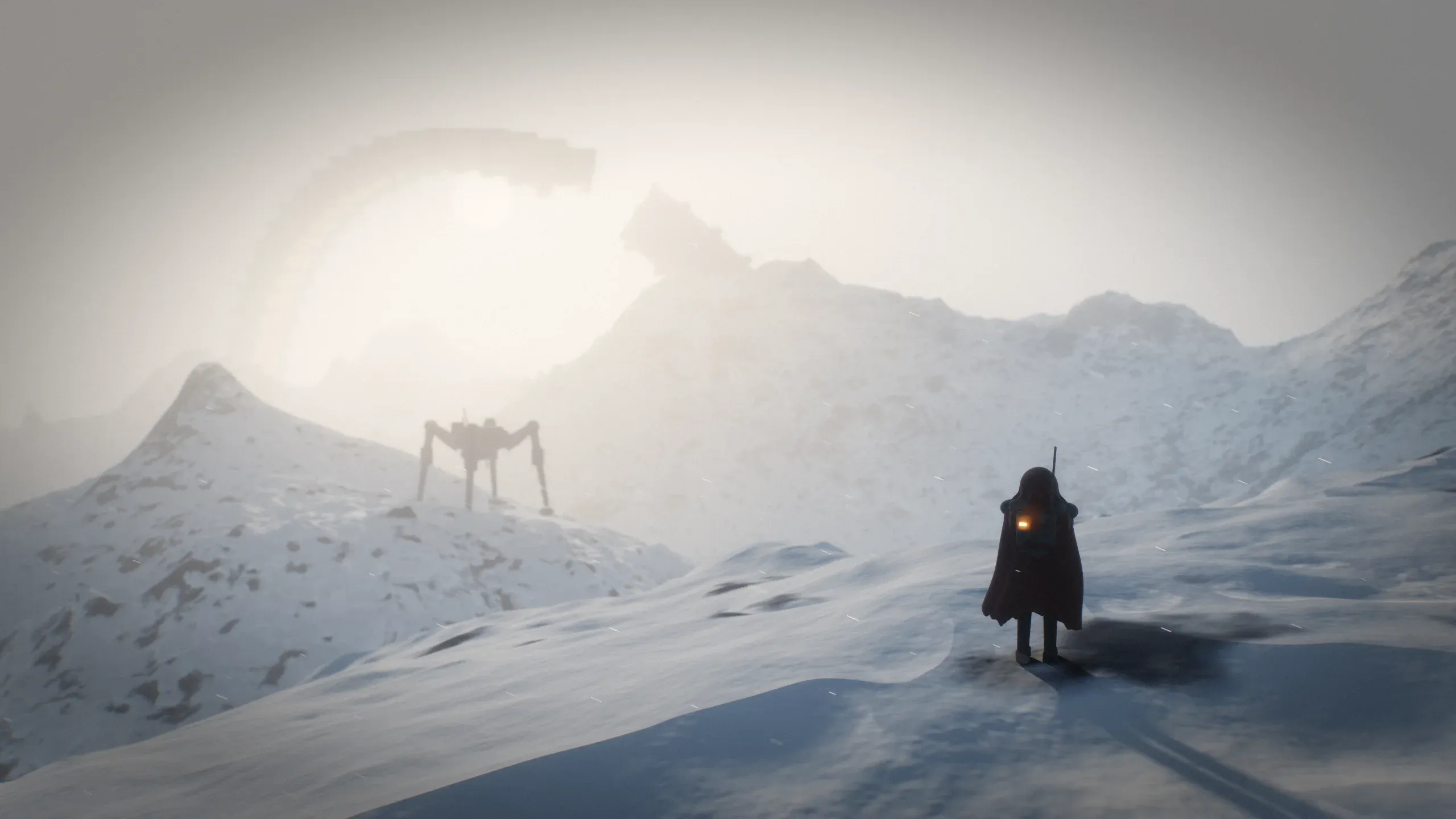 A hooded Rogue stands on a snowy ridge watching a Warden walker beneath a broken ring in the blizzard