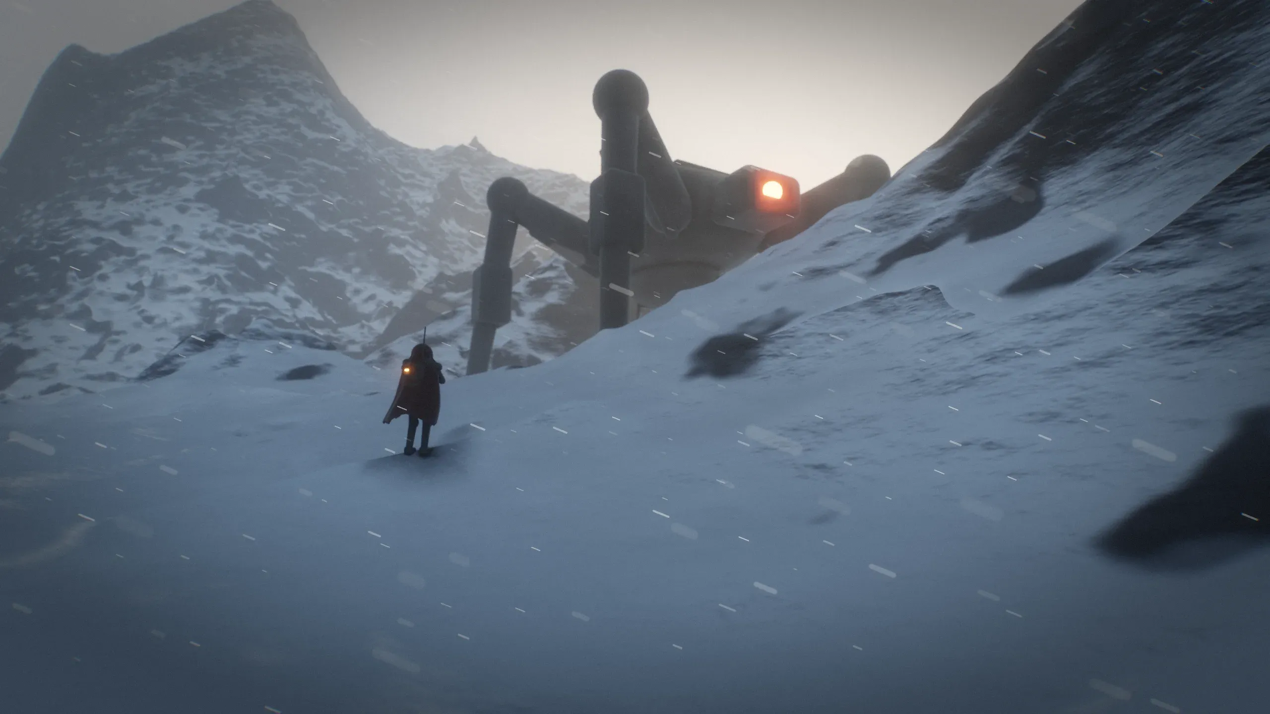 A Warden walker with a glowing red eye looms over a ridge above a Rogue