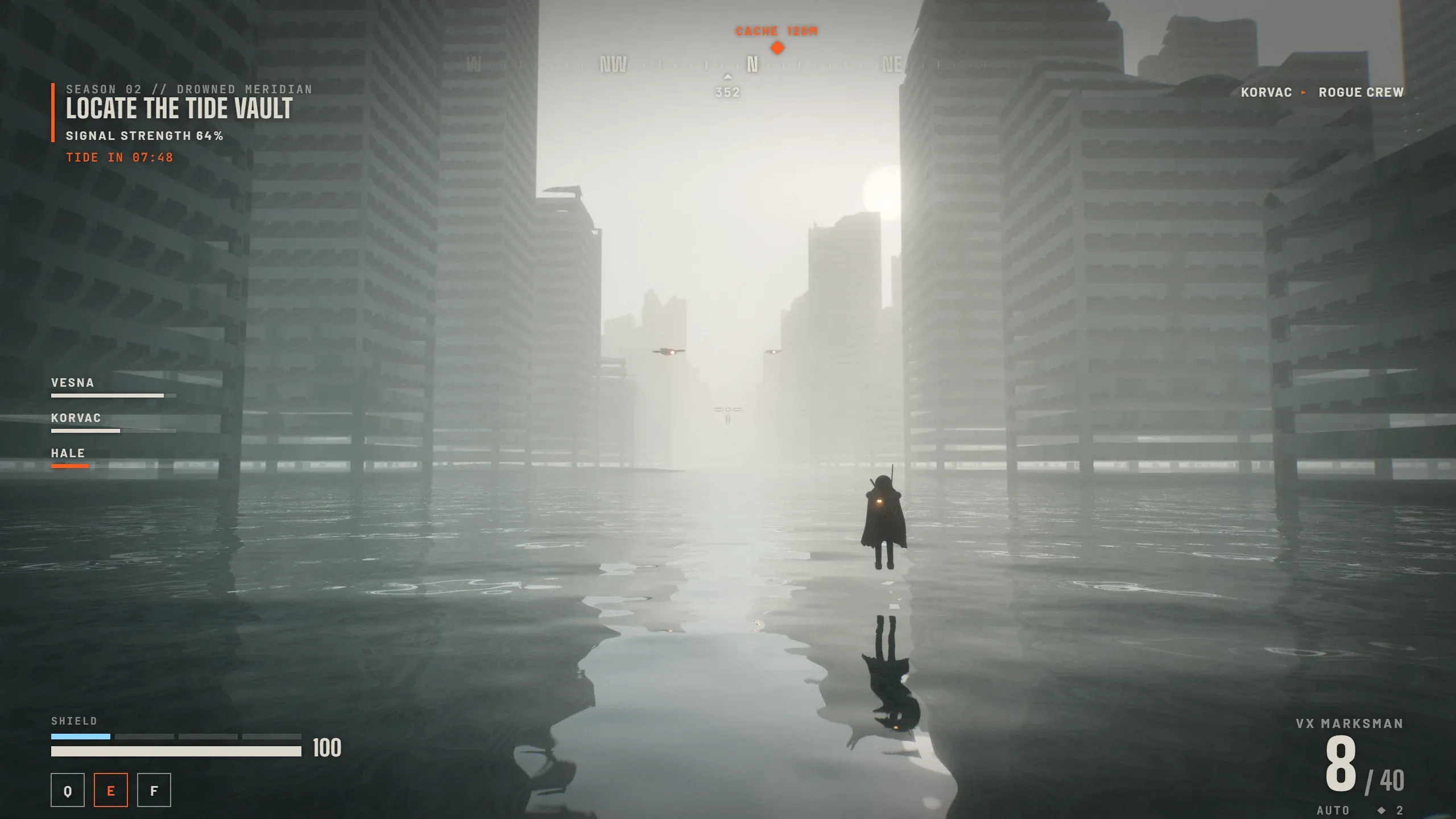 A Rogue wades through a flooded street between ruined towers, with the game HUD