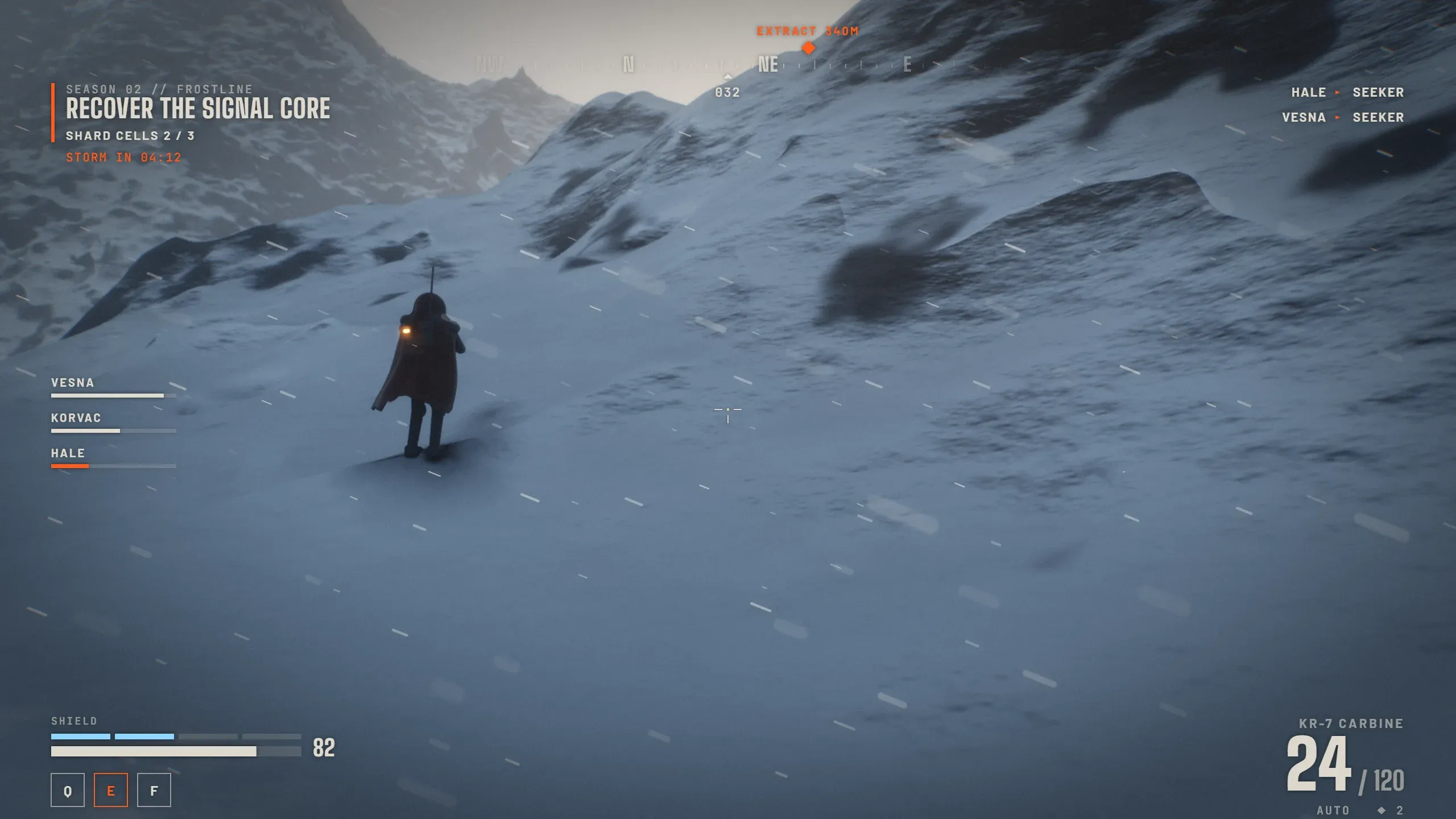 Third-person view of a Rogue crossing a snowfield toward a distant ridge, with the game HUD