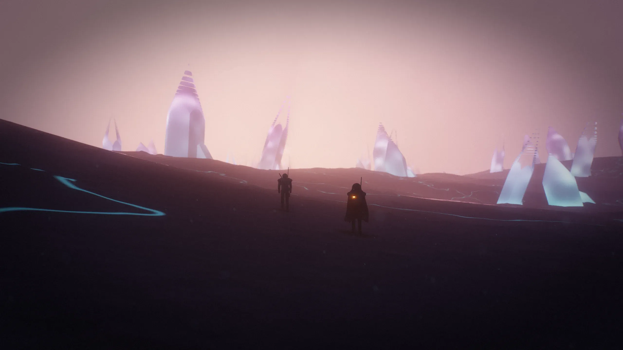 Two Rogues cross a dusk plain scattered with glowing crystal spires