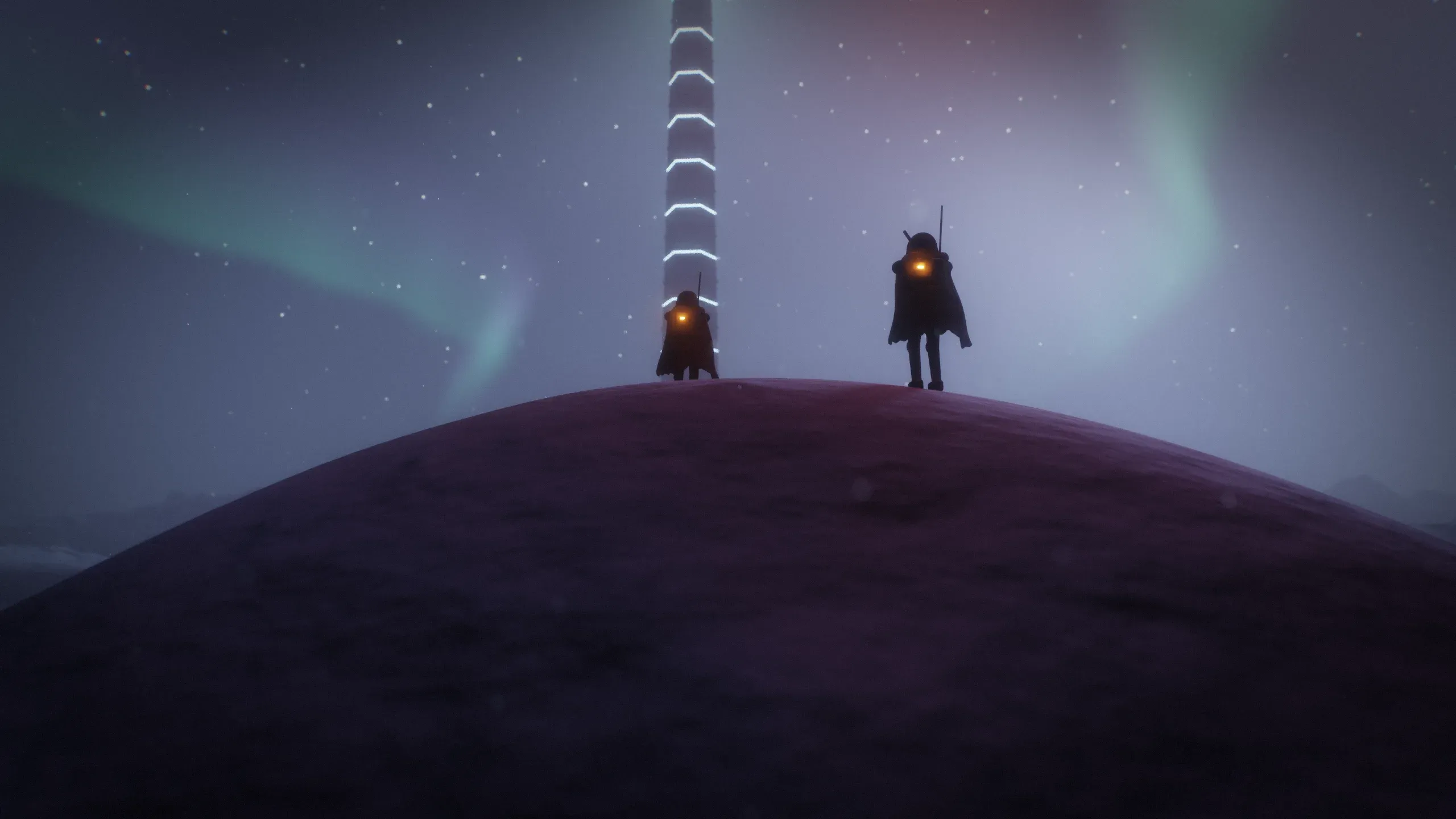 Two Rogues on a hilltop at night beneath an aurora and a glowing spire