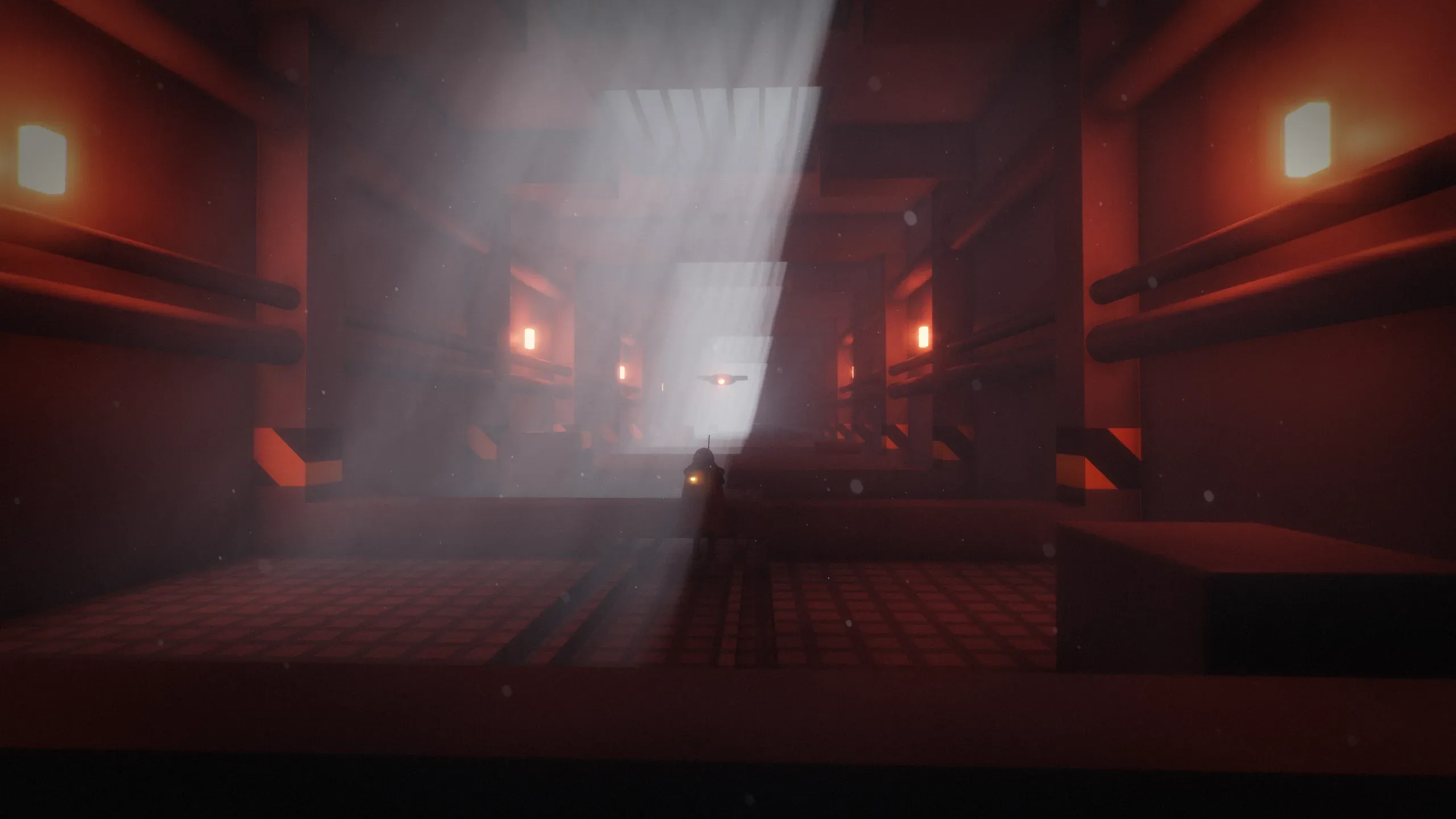 Light shafts cut through haze in a vast industrial hall lit by red lamps